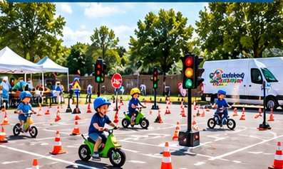 Illusztráció: szabadtéri mobil KRESZ-pálya gyerekekkel és közlekedési jelzésekkel